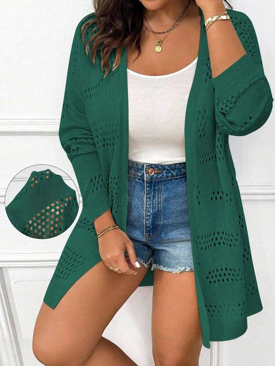 Calvaya Cárdigan casual largo y sólido con diseño calado para tallas grandes