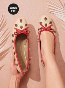 SHUZIA 女式宽版花卉印花蝴蝶结装饰圆头可爱度假海滩休闲拉菲草平底鞋