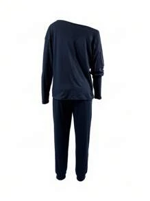 INAWLY 2 件套女士休闲纯色斜肩上衣和抽绳裤套装，秋季