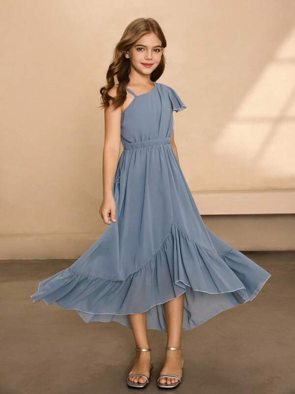 Tween Girl Elegant Luxurious Blue Sleeveless Dress, Suitable For Party, Banquet, Evening Party, Prom, Flower Girl, Birthday, Performance And Other Occasions