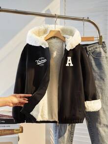 女童毛领连帽印花棉服冬季夹克 - 黑色 - 查看 5