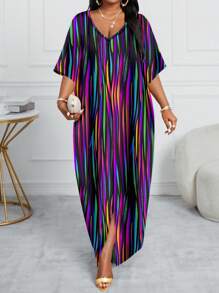 SHEIN Lady 大码女式休闲彩色条纹印花 V 领宽松连衣裙，适合夏季，长款 - 彩色 - 查看 1