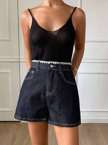 DAZY Quần short denim ống đứng kiểu phương Tây phối màu tương phản có túi dành cho nữ, quần short mùa hè. - Màu xanh lam - Xem 4