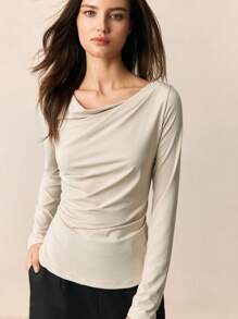 BizChic 2025 年夏季新款杏色宽松领口褶饰设计长袖女式上衣 T 恤，商务休闲日常通勤优雅海滩度假装，适合婚礼宾客、乡村音乐节、早午餐、机场、90 年代复古、斯堪的纳维亚、7 月 4 日 - 杏色 - 查看 4