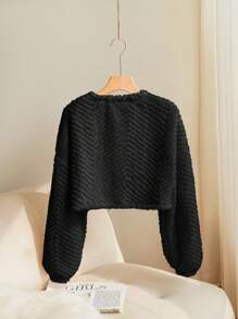 SHEIN Essnce Áo khoác lửng khóa kéo phía trước màu trơn thường ngày cho nữ, Thu/Đông - màu đen - Xem 2