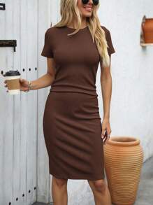 SHEIN LUNE Women's Elegant Round Neck Bodycon Mini Dress - Coffee - View 7