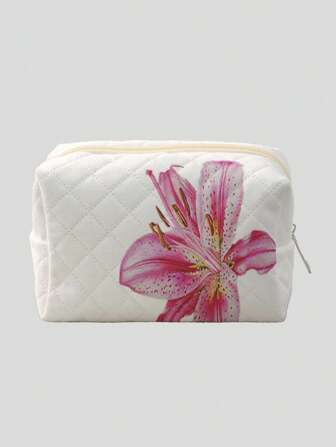 Fairycore Borsa per il trucco a forma di ottogono e rombo con stampa a fiori di giglio rosa su base bianca
