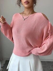 Selianne 女士镂空系带宽松薄款套头毛衣针织套头衫秋冬 - 粉色 - 查看 5