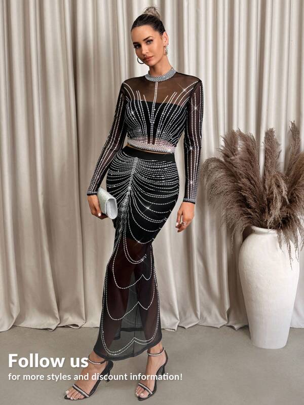 Lavishia 2pcs/Set Women Sexy Beaded Print Mesh Knit Bodycon Set