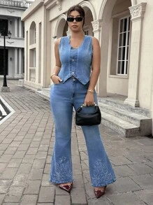 SHEIN ICON Fashionable Casual Embroidered Washed Elastic Sleeveless Jacket - Light Wash - View 3