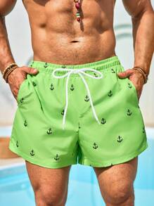 Manfinity Swimmode 男士假日休闲船锚印花沙滩短裤男士泳裤男士绿色泳裤船锚印花泳裤 - 墨綠色 - 查看 4