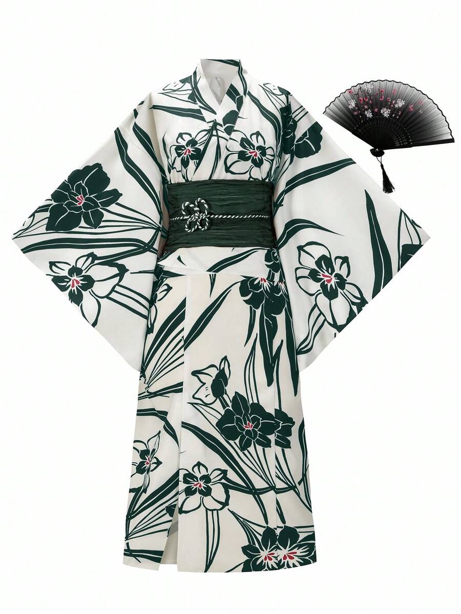 Irokai 女士传统印花和服和浴衣套装，适合夏季节日 - 墨綠色 - 查看 1