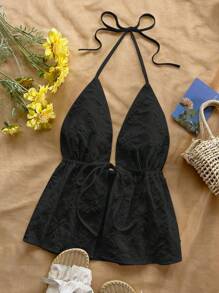 Soleia 女士度假白色纹理露背系带吊带背心，适合派对、约会、下午茶、海滩、夏季 - 黑色 - 查看 4