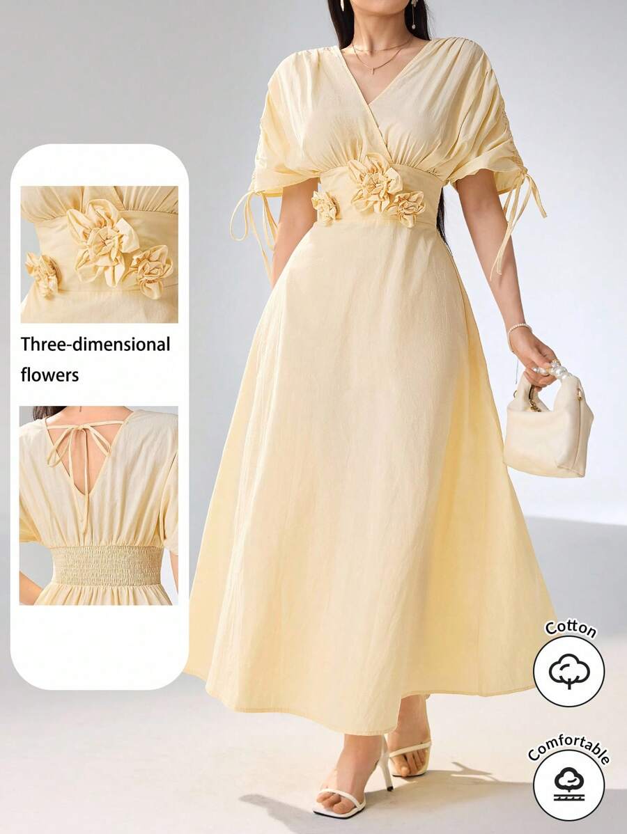 Heiryn Đầm dài tay ngắn cổ chữ V họa tiết hoa 3D cho nữ, eo rút dây - Màu vàng - Xem 1