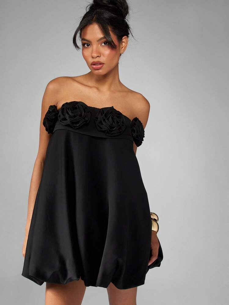 MISSGUIDED Vestido Bolha Mini Elegante com Detalhe de Rosa 3D, Decote Ombro a Ombro, Design de Bainha Bolha, Cintura Empire, Ocasião Especial, Convidado de Casamento