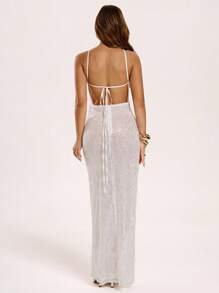 SHEIN BAE Women's White Large Sequins Transparent Halter Neck Sexy/Elegant Party Top/Dating Dress/Birthday Party/Guest Dress/Sexy See-Through Dress/Sequin Dress/Festival Dress/Party Gathering