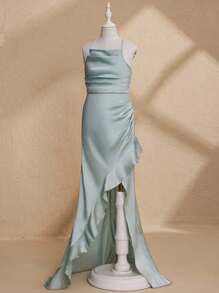 Flower Girl Wedding Elegant High-Waist Sleeveless Flounce Hem Split Dress For Tween Girls Party/Birthday/Prom Fall Winter - Green - View 4