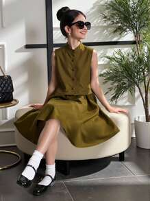 Tween Girls' Summer Casual Solid Color Tank Top & Mini Skirt Set - Olive Green - View 7