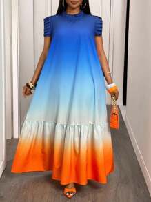 Slaydiva 加大度假日常休闲日常出游宽松渐变印花无袖荷叶边拼接立领女装加大码特长连衣裙2025春夏 - 彩色 - 查看 7