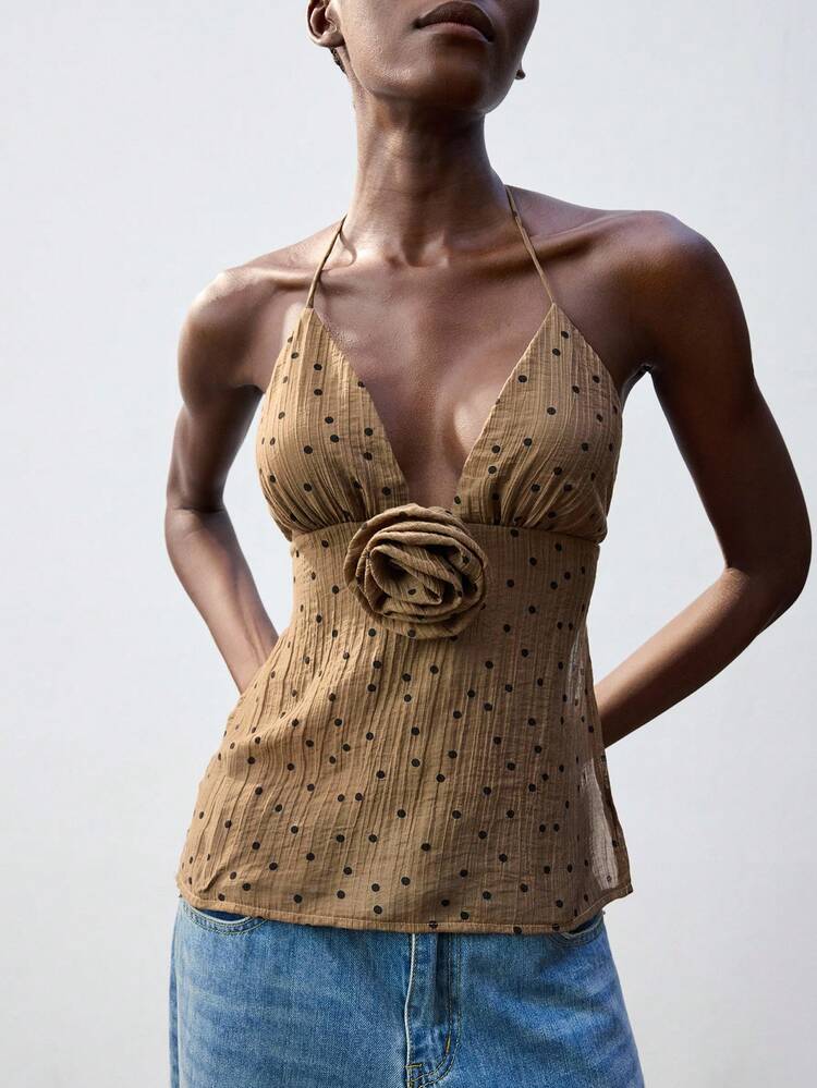 SHEIN Maija Vintage Polka Dot Draped Neck Tie Strap Sexy Sleeveless Top For Women, Urban Commute Business Casual Top, Office Wear, Teacher, Bohemian Beach Music Festival Top, Autumn/Winter