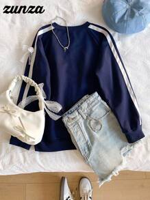 Sweat-shirt-shirt ample en tricot avec nœud pour préadolescentes, décontracté et confortable pour le printemps/automne, style de rue, vacances - Bleu marine - Voir 2