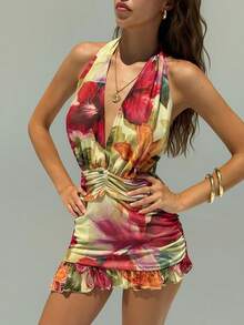 Aloruh Young Sexy Lady Music Festival Deep V-Neck Halter Backless Printed Mesh Mini Dress,Summer Dresses For Women - Multicolor - View 6
