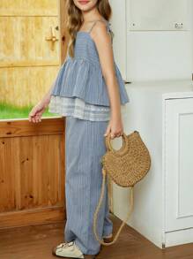 Hapijoa Tween Girls' Vacation Casual Color Block Lace Splice Striped Camisole And Pants Set