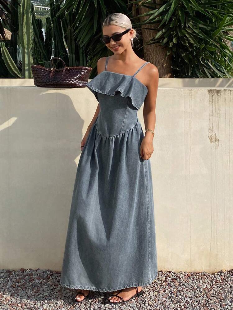 Women's Denim Ruffle Waist Cinched Waist Dress Maxi Dress