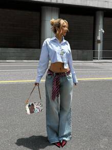 SHEIN Loose Casual Simple Comfort Asymmetrical Hem Long Sleeve Shirt For Teen Girls - Blue - View 1