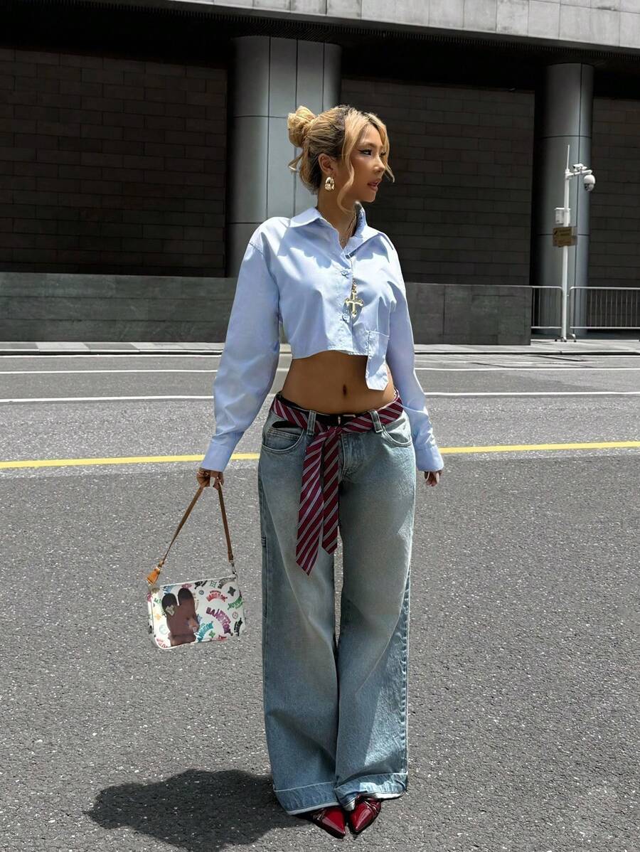 SHEIN Loose Casual Simple Comfort Asymmetrical Hem Long Sleeve Shirt For Teen Girls - Blue - View 1