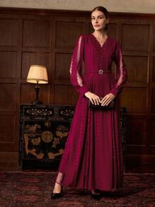 ZEYLAH 蕾丝拼布腰饰派对/正式连衣裙，秋冬 - Bold Plum - 查看 5