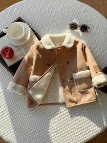 SHEIN Baby Boys Thermal Lined Thickened Soft Comfortable Casual Versatile Classic Lapel Long Sleeve Coat, Mid-Length Outerwear, Suitable For Indoor, Outdoor, Daily, Sports, Play, Party, Holidays, Back To School Streetwear, Autumn/Winter Fall