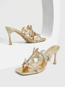 CUCCOO SZL Giày cao gót mỏng mũi vuông dành cho nữ có thiết kế hình con bướm - Vàng - Xem 4