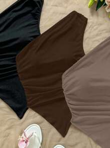 Soleia 3 件套混合黑色、棕色、卡其色不对称下摆不对称肩上衣，适合夏季 - 彩色 - 查看 4