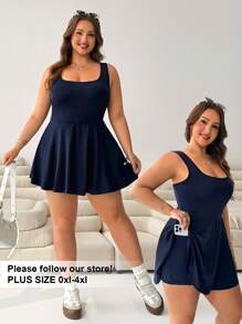 Solflare Plus Size Women's Sleeveless Romper, Solid Color Pockets,One Piece Outfit - Navy Blue - View 1