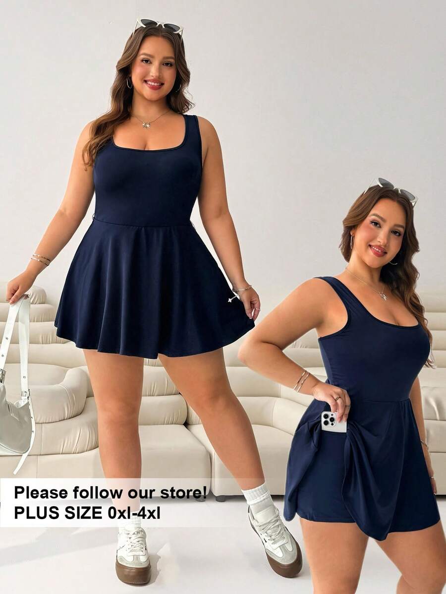 Solflare Plus Size Women's Sleeveless Romper, Solid Color Pockets,One Piece Outfit - Navy Blue - View 1