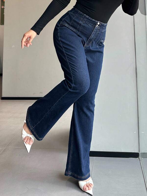 Dazy Plus Dark Wash Blue Elastic Fitted Bootcut Jeans, Year-Round