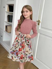 SHEIN Tween Girls Color Block Pink Floral Print Puff Sleeve Belted Dress - Pink - View 4