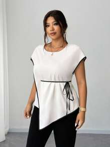 Elenzga Spring/Summer Round Neck Black & White Patchwork Handkerchief Hem Elegant Casual Commute Tie-Up Fashion Design Daily Office Wear Plus Size Women Blouse - White - View 4