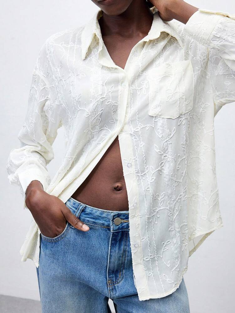 SHEIN Maija 2025 New Summer Fashion Ladies Shirt, Suitable For Music Festival, Graduation, Vacation, Beach, Holiday, Textured Floral Print, Collar Button Front Long Sleeve, Elegant For Daily, Business, Party, Casual & Versatile