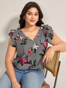 Comfylo Blusa casual de rayas con cuello en V, volantes y corazón, ideal para el Día de San Valentín, verano y primavera, tallas grandes para mujer