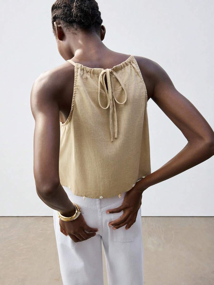 Maija Khaki,Summer,Casual,Vacation,Holiday 2025 Spring & Summer New Arrival Fashion Beaded Decor Women Tops,Boho Style Music Festival Beach Daily City - Camel - View 1