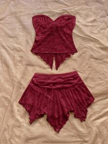 Soleia 女士酒红色蕾丝上衣和裙子两件套服装，适合度假、海滩、音乐节、派对、夏季 - 酒紅色 - 查看 2