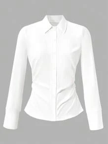 Teen Girls' Solid Color Long Sleeve Single-Breasted Pleated Casual Shirt Fall Winter