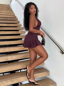 Alexandranx Xù Xù Hoa Sen Không lưng Halter Neck Romper - màu nâu - Xem 4