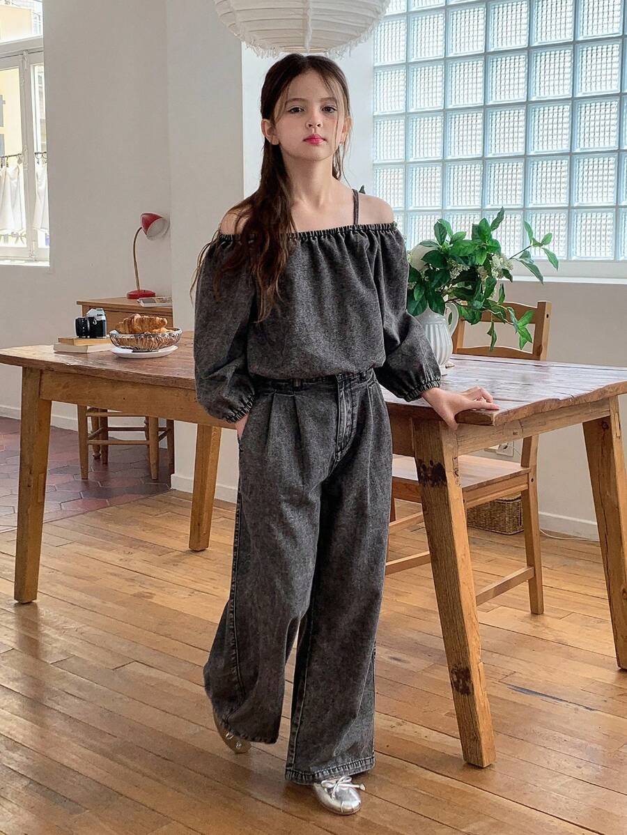 Hapijoa 秋季女童牛仔服装套装 - 灰色 - 查看 1