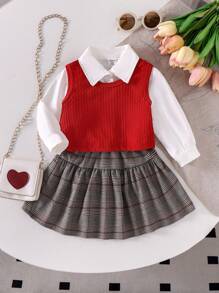 SHEIN 三件套女童优雅时尚套装：白色长袖休闲衬衫、红色针织背心和格子裙，适合上学、上班和秋季穿着。 - 紅色 - 查看 3