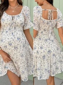 SHEIN 波西米亚风碎花连衣裙孕妇装孕妇装夏季孕妇装妈妈装孕妇友好型连衣裙，浪漫碎花连衣裙 - 白色 - 查看 11