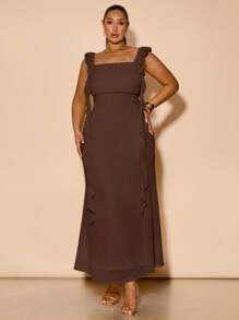 SHEIN BAE Váy đuôi cá dài bằng vải voan xếp nếp màu vàng trơn cỡ lớn mùa xuân hè, váy vàng, váy phù dâu dự tiệc cưới, váy thanh lịch, vàng bơ - Cà phê nâu - Xem 6