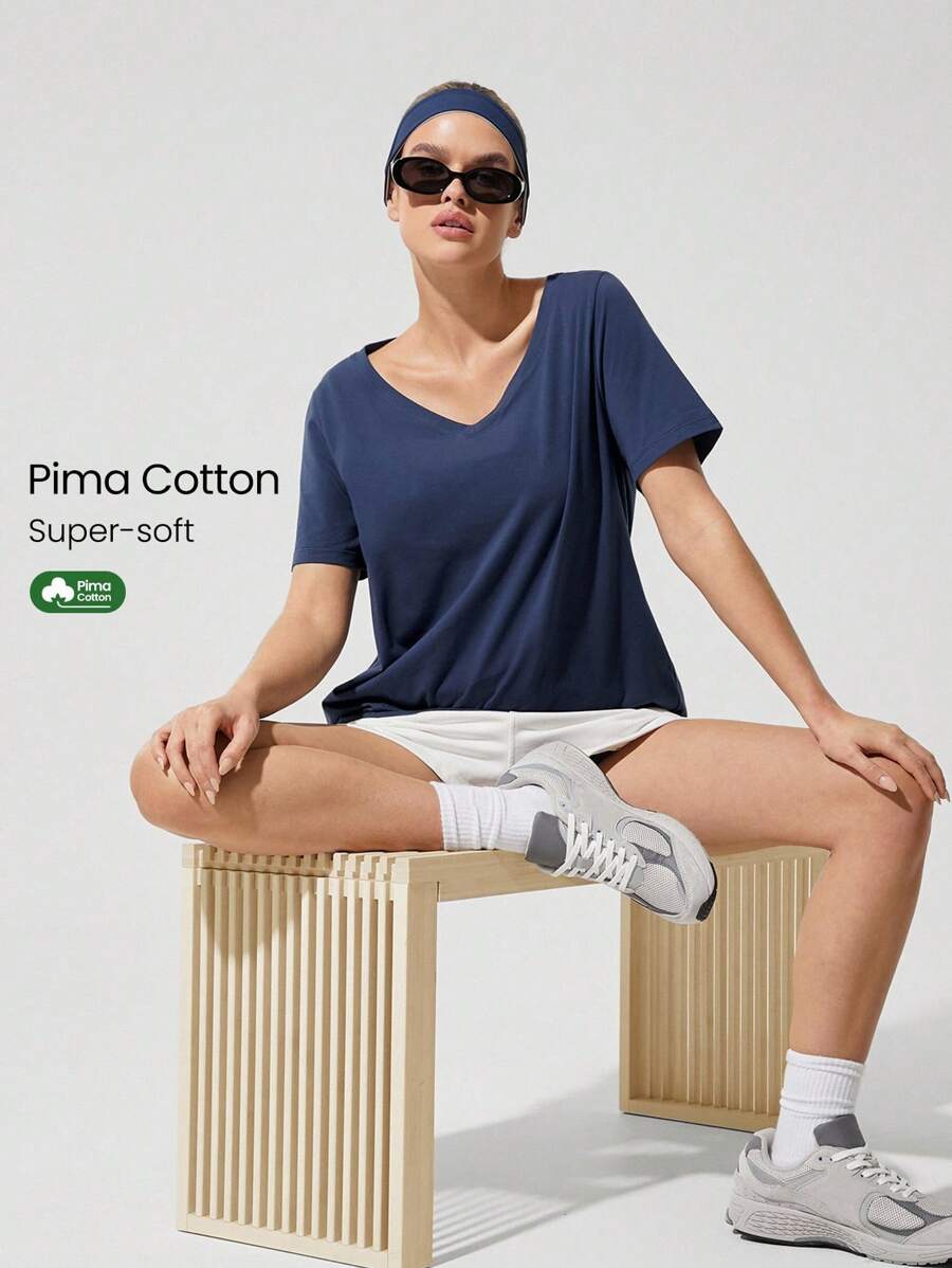 GLOWMODE 比马棉休闲柔软弹力透气常规版型臀长 V 领 T 恤日常休闲装 - Dark Blue - 查看 1